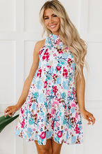 Load image into Gallery viewer, White Frill Mock Neck Sleeveless Tiered Floral Dress | Dresses/Floral Dresses
