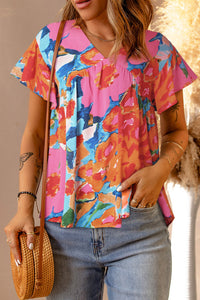 Pink Abstract Print V Neck Flutter Sleeve Blouse | Tops/Blouses & Shirts