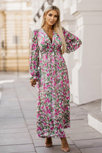 Load image into Gallery viewer, Green Floral Print Deep V Neck Ruched Cinched Waist Maxi Dress | Dresses/Floral Dresses
