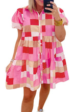 Load image into Gallery viewer, Puff Sleeve Dress | Pink Plaid Print Buttoned Tiered Dress
