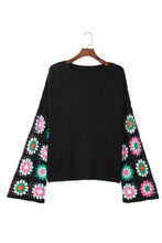 Load image into Gallery viewer, Black Floral Crochet Bell Sleeve Loose Sweater | Tops/Sweaters &amp; Cardigans
