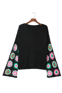 Black Floral Crochet Bell Sleeve Loose Sweater | Tops/Sweaters & Cardigans