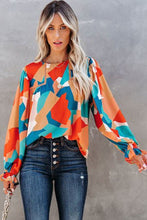 Load image into Gallery viewer, Multicolor Abstract Pattern Crewneck Ruffled Puff Sleeve Blouse | Tops/Blouses &amp; Shirts
