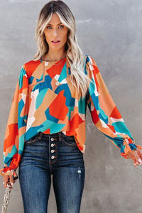 Multicolor Abstract Pattern Crewneck Ruffled Puff Sleeve Blouse | Tops/Blouses & Shirts