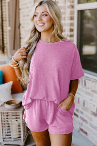 Phalaenopsis Ribbed Textured Knit Loose Fit Tee and Shorts Set | Two Piece Sets/Short Sets