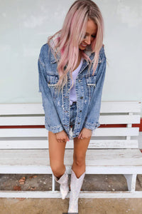 Sky Blue Rhinestone Fringed Hooded Denim Jacket