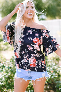 Blue Ruffle Off Shoulder Flounce Sleeve Floral Blouse | Tops/Blouses & Shirts