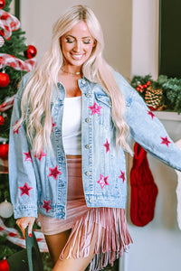 Light Blue Sequin Star Flap Pocket Denim Jacket | Outerwear/Denim jackets