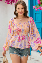 Load image into Gallery viewer, Womens Blouse | Pink Floral Print Smocked Long Sleeve Peplum Blouse | Tops/Blouses &amp; Shirts
