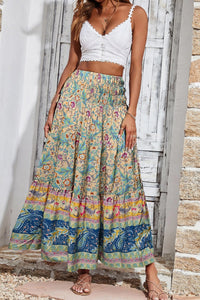 Sky Blue Boho Floral & Paisley Print Shirred Waist Long Skirt | Bottoms/Skirts & Petticoat