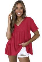 Load image into Gallery viewer, Fiery Red Frayed V Neck Ruffled Babydoll Blouse | Tops/Blouses &amp; Shirts
