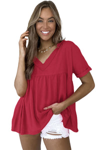 Fiery Red Frayed V Neck Ruffled Babydoll Blouse | Tops/Blouses & Shirts