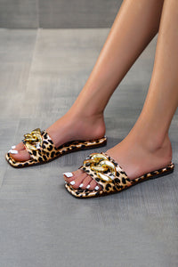 Brown Chain Decor Leopard Slide Sandals