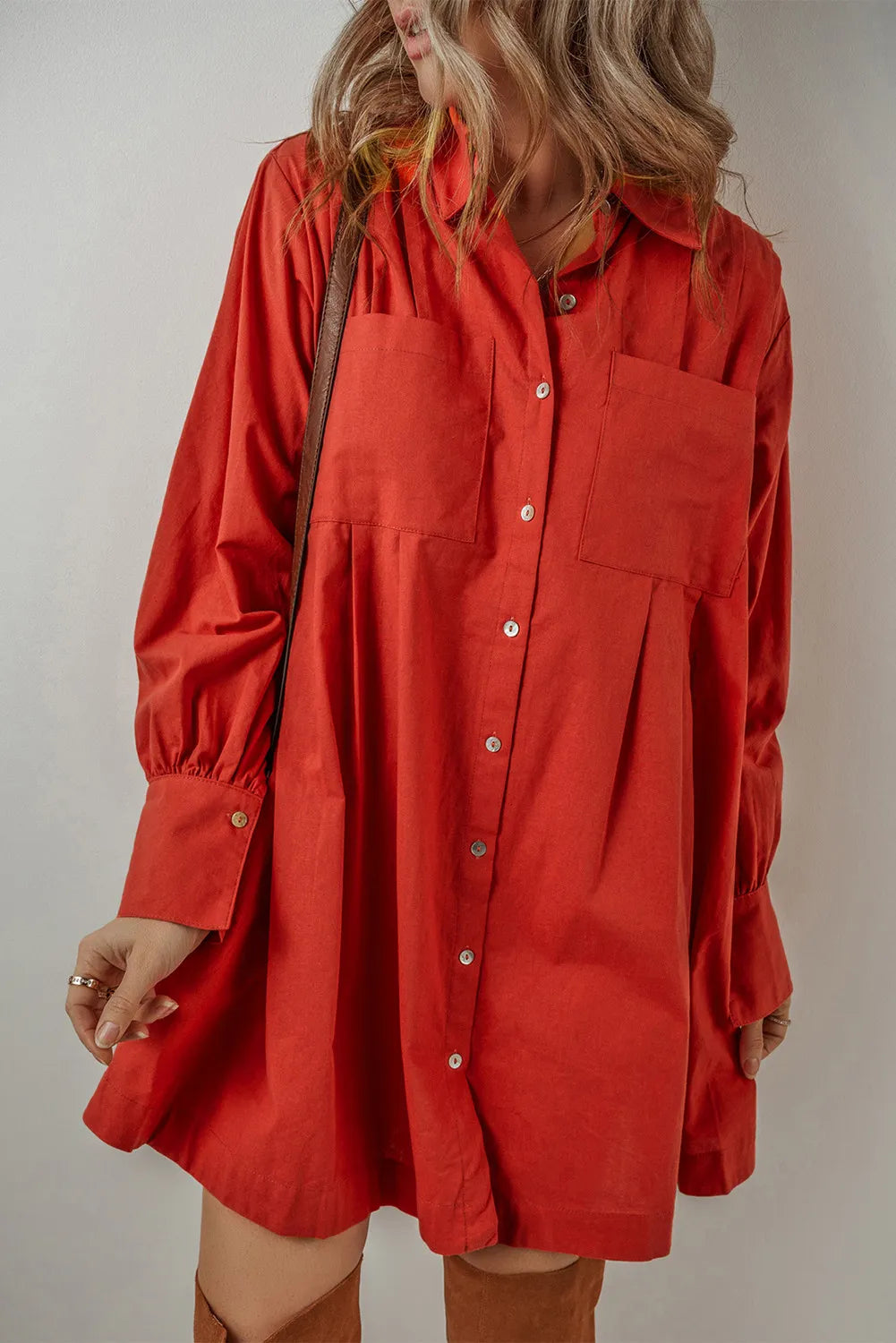 Pocketed Long Sleeve Shirt Dress | Button Down