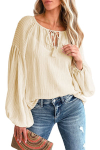 Drawstring Blouse | Apricot Lantern Sleeve Stripe Tassel