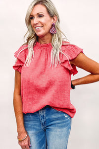 Rose Flutter Sleeve Frilled Neck Textured Blouse | Tops/Blouses & Shirts