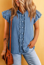 Load image into Gallery viewer, Ashleigh Blue Button Front Ruffled Flutter Frayed Denim Top | Tops/Tops &amp; Tees
