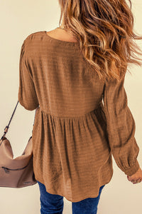 Brown Lace Crochet Buttoned V Neck Babydoll Top | Tops/Blouses & Shirts