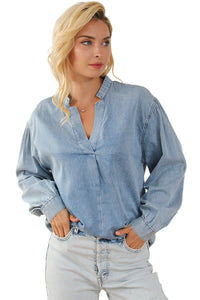 Sky Blue Split V-Neck Balloon Sleeve Ruched Denim Top | Tops/Blouses & Shirts