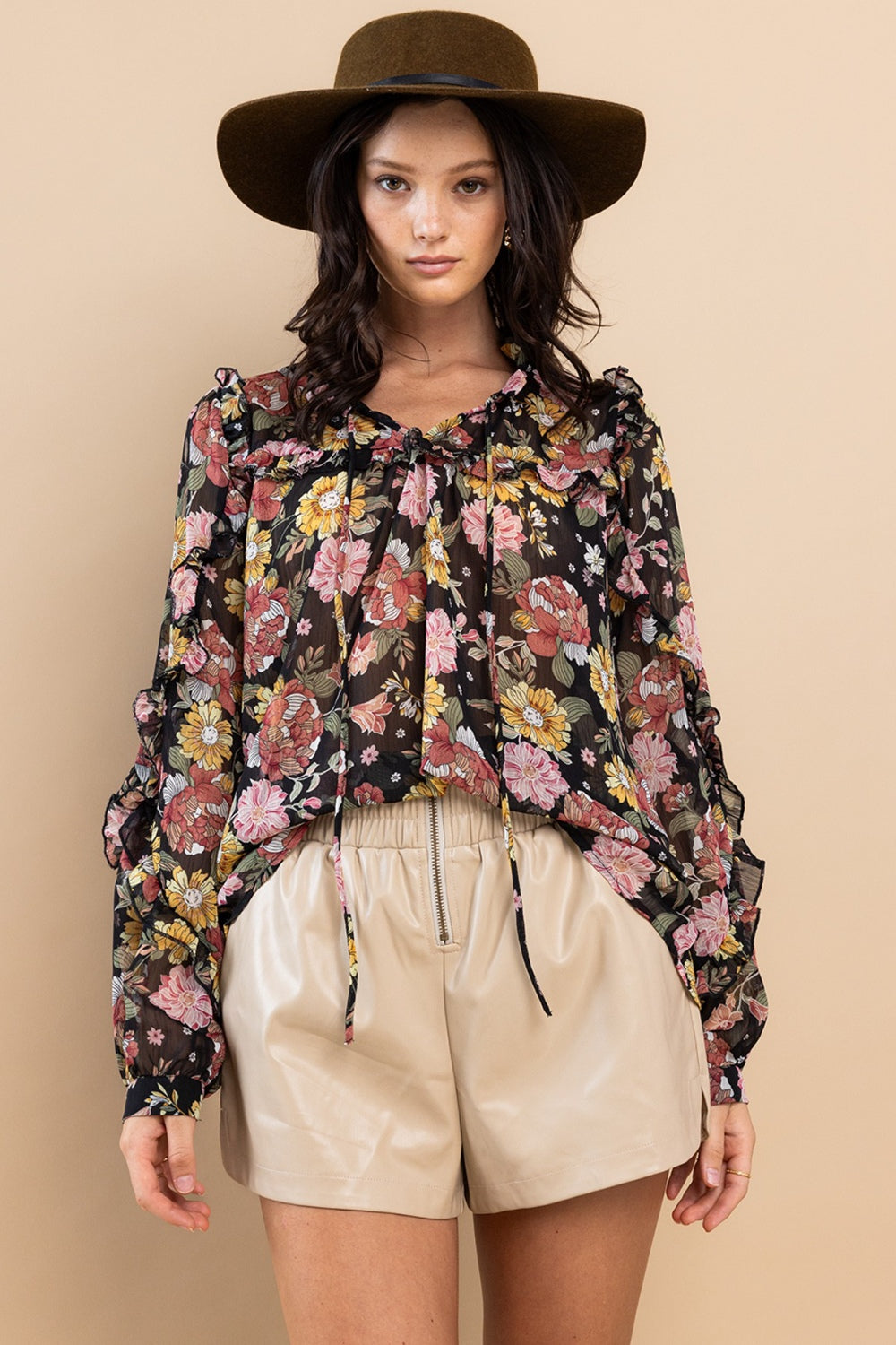 Floral Print Top | Ruffle Trim Long Sleeve Floral Blouse