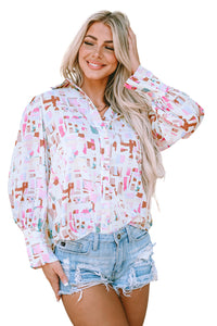 Multicolor Top | Abstract Print Lantern Sleeve Casual Shirt