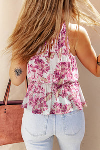 Pitaya Pink Hollowed Halterneck Floral Peplum Tank Top | Tops/Tank Tops