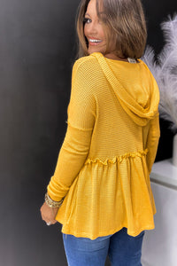 Yellow V Neck Drop Shoulder Hooded Flowy Top with Frill | Tops/Sweatshirts & Hoodies