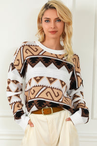 Multicolor Geometric Print Crew Neck Drop Shoulder Sweater | Tops/Sweaters & Cardigans