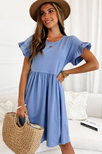 Sky Blue Round Neck Ruffle Sleeve Loose Dress | Dresses/Mini Dresses