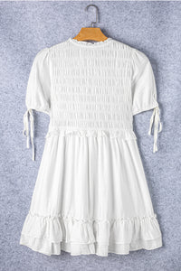 Mini Dress | White Tie Short Sleeves Smocked Ruffle Dress