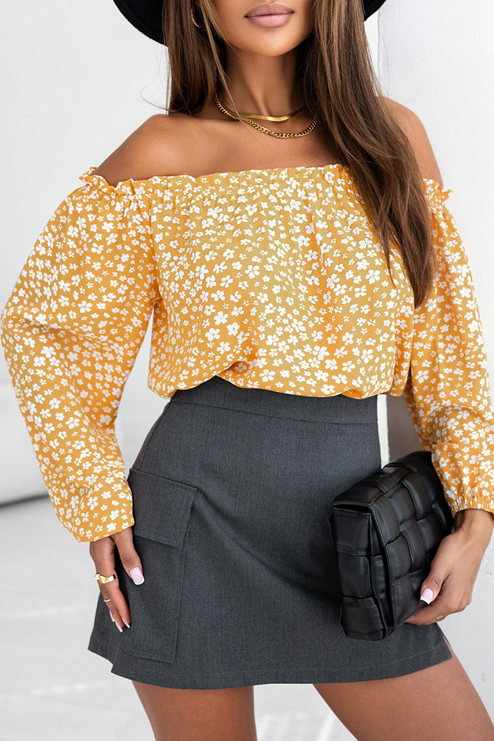 Lantern Sleeve Blouse | Yellow Floral Print Frill Trim Off-Shoulder