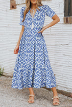 Load image into Gallery viewer, Sky Blue V Neck Casual Geometric Print Maxi Dress | Dresses/Maxi Dresses
