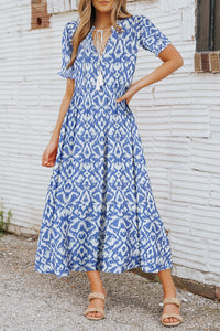 Sky Blue V Neck Casual Geometric Print Maxi Dress | Dresses/Maxi Dresses