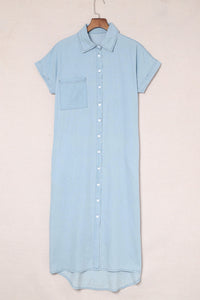 Sky Blue Chambray Shirt Short Sleeves Midi Dress