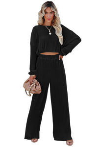 Black Corded Cropped Pullover and Wide Leg Pants Set | Two Piece Sets/Pant Sets