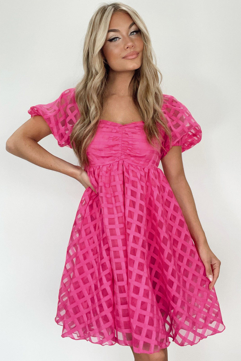 Strawberry Pink Checkered Puff Sleeve Babydoll Dress | Dresses/Mini Dresses