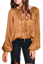 Load image into Gallery viewer, Puff Sleeve Blouse | Camel Satin Pleated Tied V Neck Top
