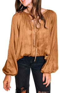 Puff Sleeve Blouse | Camel Satin Pleated Tied V Neck Top