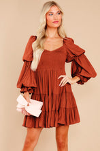 Load image into Gallery viewer, Brown Boho Solid Shirred Ruffle Mini Dress | Dresses/Mini Dresses
