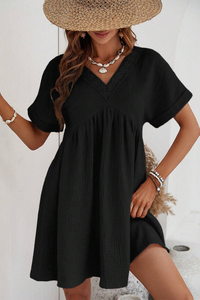 Black Folded Short Sleeve Lace V Neck Mini Dress | Dresses/Mini Dresses