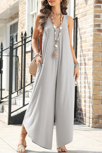 Womens Jumpsuit-Pocketed Scoop Neck Wide Leg Jumpsuit