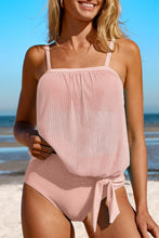 Load image into Gallery viewer, Pink Striped Mesh Knotted Hem Tankini Swimsuit
