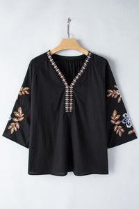 Bohemian Blouse | Black Floral Embroidered V Neck