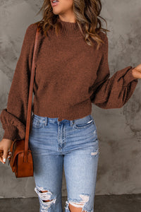 Brown Solid Color Lantern Sleeve Knitted Sweater | Tops/Sweaters & Cardigans