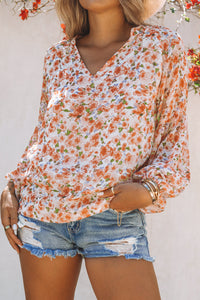 Orange Floral Print V Neck Long Puff Sleeve Top | Tops/Blouses & Shirts