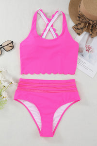 Rose Scalloped Criss Cross High Waist Bikini | Swimwear/High Waisted Swimsuit