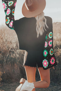 Black Floral Crochet Bell Sleeve Loose Sweater | Tops/Sweaters & Cardigans