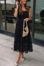 Load image into Gallery viewer, Black Midi Dress | Lace Smocked Bodice Sleeveless Dress
