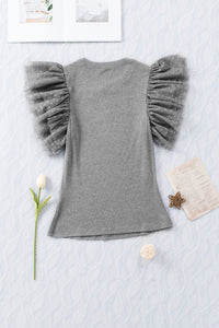 Ruffle Sleeve Top | Gray Dotty Mesh Ribbed Knit Top