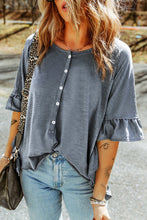 Load image into Gallery viewer, T Shirt | Gray Ruffled Half Sleeve Buttoned Loose
